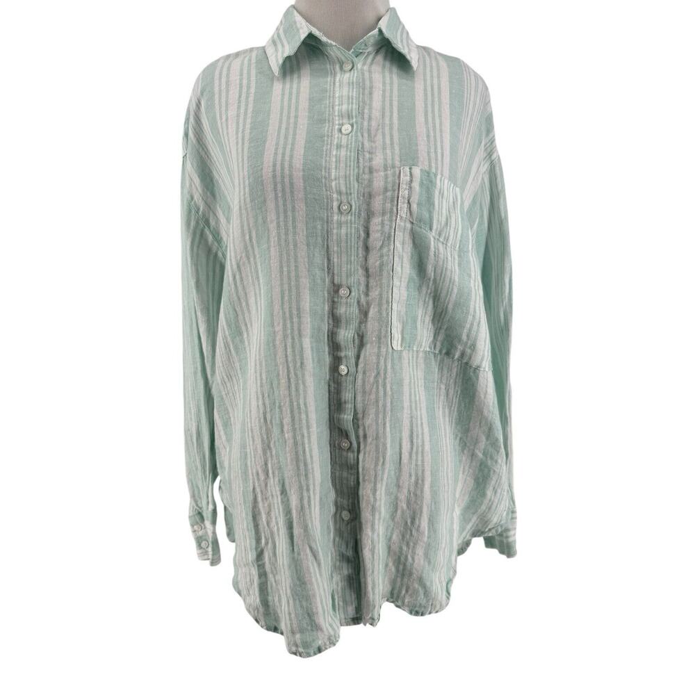 Lemlem by Liya Kebede x H&M Women's Mint Striped Linen Coastal Beach Shirt Small